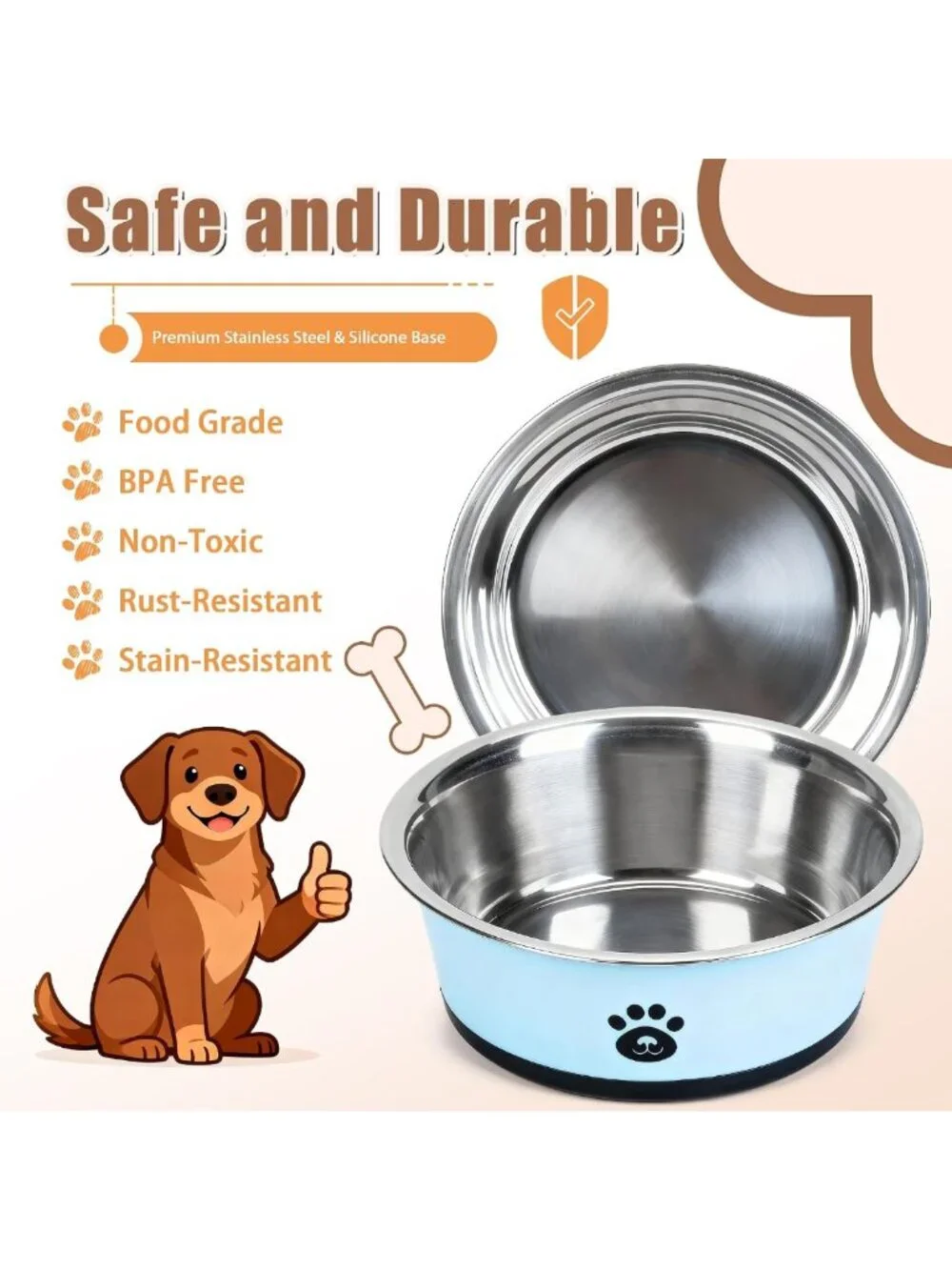 Set of 2 Stainless Steel Dog Bowls - 6 Cup Non-Slip, Rust Resistant Pet Feeders